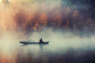 Man boat lake fog trees - a man in a boat free wallpaper