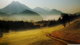 Grassy field dirt path mountains - landscape free wallpaper