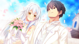 Anime couple characters building flowers - flower in front free wallpaper