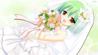 Woman green hair bouquet hugging - a white dress free wallpaper for desktop