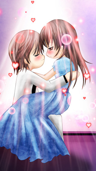 Anime couple hugging purple hearts - heart free wallpaper for mobile