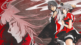 Anime couple red background white - above them free wallpaper