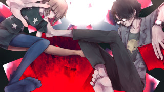 Anime characters fighting red object - white star free wallpaper