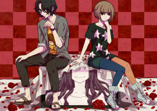Anime characters sitting table wine - mosaic free wallpaper for desktop