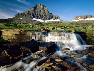 Waterfall mountain blue sky clouds - a few snow free wallpaper for desktop