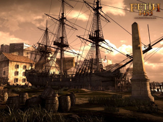 Pirate ship harbor statue city - cinematic matte painting free wallpaper for desktop