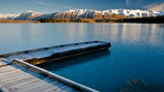 Wooden dock lake mountain range - a wooden dock free wallpaper