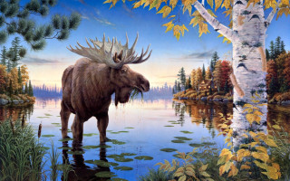 Moose water tree lake sky - oil painting free wallpaper for desktop