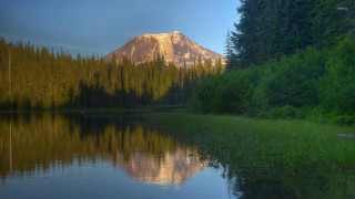 Mountain reflection lake trees grass - a mountain free wallpaper for desktop