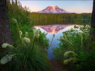 Mountain reflection lake trees grass 7 - a trail free wallpaper for desktop