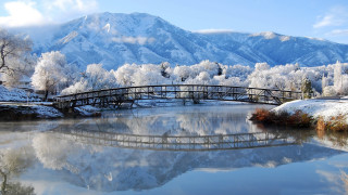Bridge river mountain snow trees 2 - beautiful scenery free wallpaper
