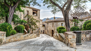 Stone street building trees fence - the other side free wallpaper for desktop