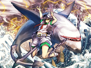 Woman costume riding shark sword - a shark free wallpaper