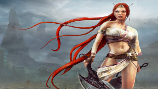 Woman red hair swords holding - a castle in the background free wallpaper
