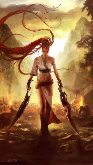 Woman two swords sword in - free cyberpunk wallpaper for mobile