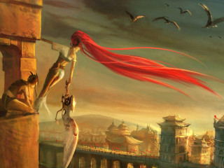 Woman hanging building red hair - bayard wu free wallpaper