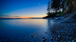 Lake shore trees sunset mountains - the shore free wallpaper