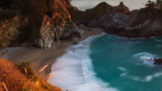 Beach waterfall cliff trees lake - the side of it free wallpaper