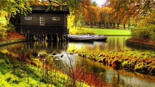 Boat docked cabin water park 2 - arthur quartley free wallpaper