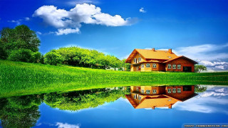 House lake reflection green field 2 - a green field and trees free wallpaper