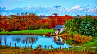 Small house lake forest autumn - a lush green field next free wallpaper