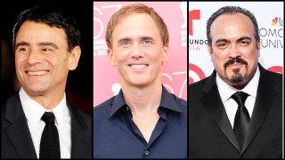 Three men in suits smiling - art brut free wallpaper for desktop