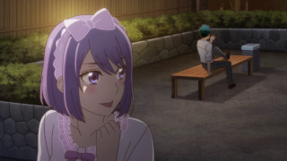 Woman bench courtyard man standing - beautiful scene free wallpaper