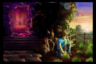 Man kneeling tree forest monster - fantasy concept art free wallpaper