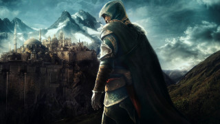 Medieval man castle mountain cloudy - epic fantasy free wallpaper