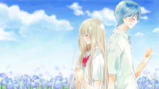 Flower field couple blue hair - blue sky free wallpaper for desktop