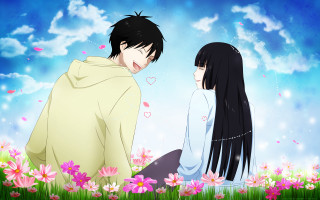 Flower field sky romantic manga - a sky background behind them free wallpaper