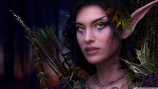 Woman horned head bow arrows - her hand and a tree in the background free wallpaper