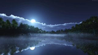 Night scene full moon lake - a full moon in the background free wallpaper