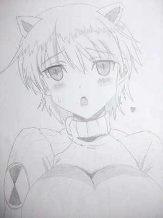 Girl cat head tail drawing - fine art free wallpaper for mobile