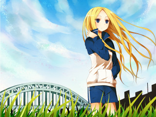 Girl long hair grass bridge - long hair free wallpaper