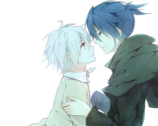 Anime characters hugging snow falling - a green jacket free wallpaper