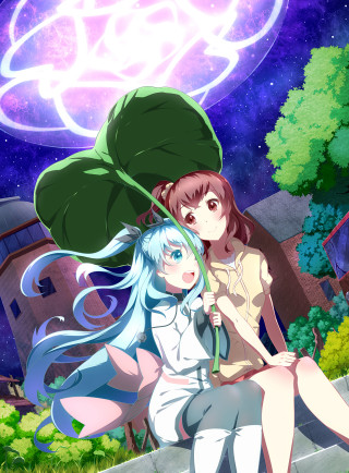 Anime girls ledge umbrella night - a green leaf free wallpaper for mobile