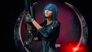 Woman gun space background stars - a red light behind her free wallpaper