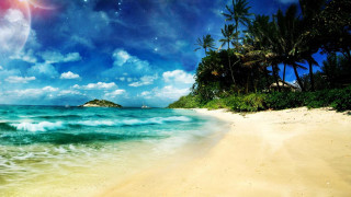 Beach star filled sky ocean - a small island in the distance free wallpaper