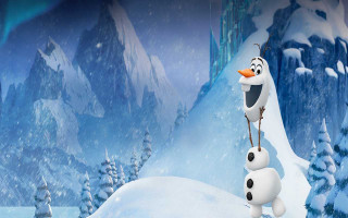 Cartoon character balancing snowmen snowy - mountain and trees free wallpaper