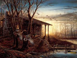 Ducks flying cabin woods sunset - edward lamson henry free wallpaper
