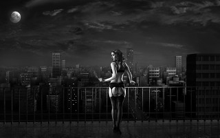 Woman bikini balcony city night - giantess art free wallpaper