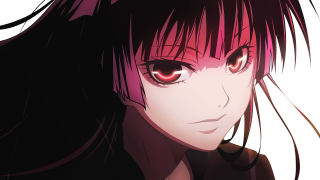 Red eyed girl long bangs - her shirt free wallpaper