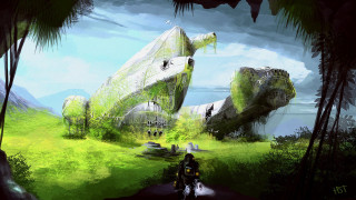 Man motorcycle forest giant building - a giant creature free wallpaper
