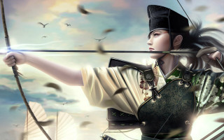 Woman costume bow arrow flying - a woman in a costume holding free wallpaper for desktop