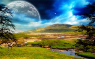 Landscape moon river mountain painting - a painting of a landscape free wallpaper