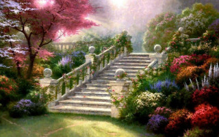 Stairway garden blooming flowers trees - flower and trees free wallpaper