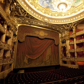Theater curtain stage clock mural - neoclassicism free wallpaper for tablet