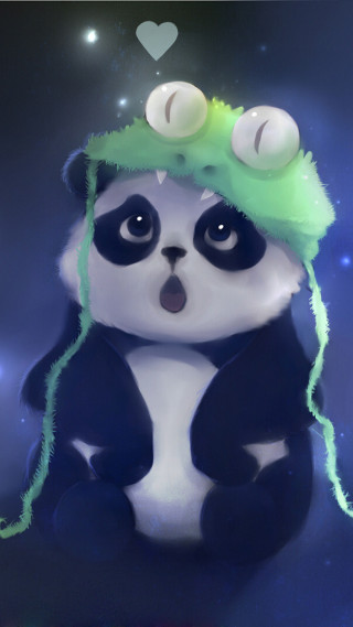 Panda green hat sitting heart - its head free wallpaper for mobile