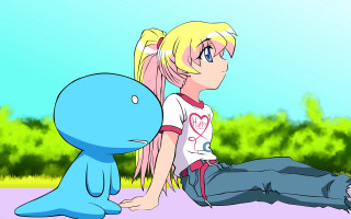 Girl sitting blue creature heart - a pink hair free wallpaper